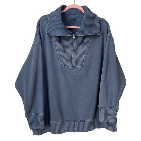 aerie Tops - Aerie Sweatshirt Womens Large Blue Oversized Quarter Zip Ribbed Trim Cozy Cotton